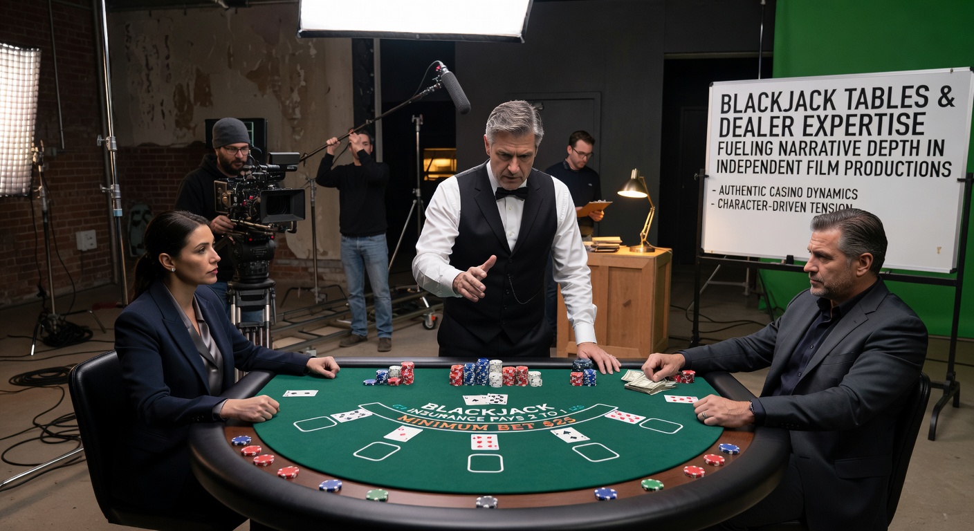 Detailaufnahme eines Blackjack-Tisches mit Karten und Chips während einer Filmproduktion