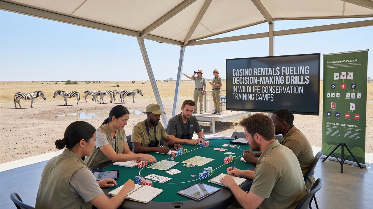 Teilnehmende bei einer Gruppenübung mit Blackjack-Tischen im Wildschutz-Trainingscamp