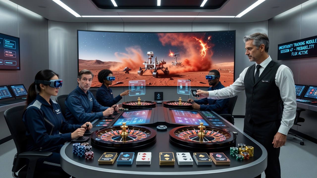 Dealer leitet ein Team bei einer Casino-basierten Unsicherheitssimulation für Raumfahrtmissionen an