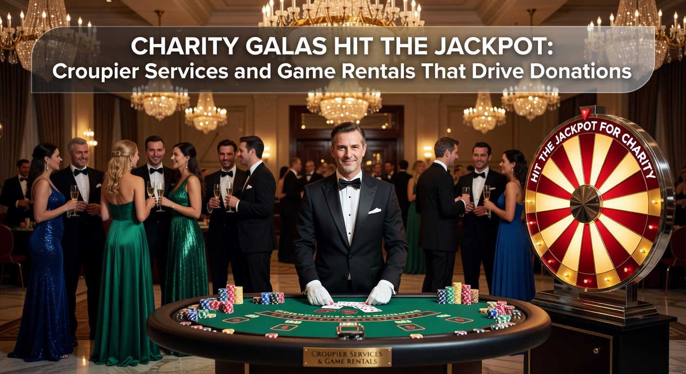 Gäste bei einer eleganten Charity-Gala genießen Roulette mit professionellem Croupier, während Spenden für gute Zwecke fließen