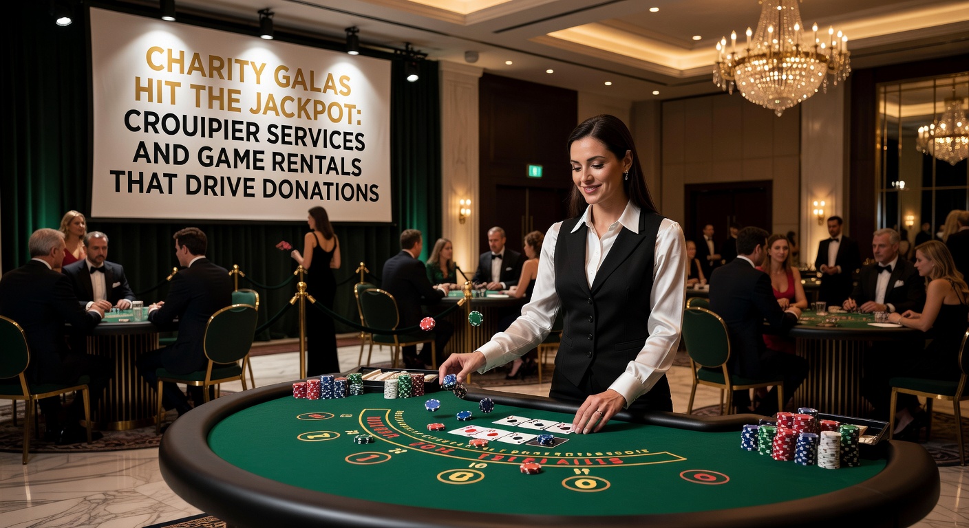 Professionelles Casino-Setup bei einer Charity-Gala mit lachenden Gästen am Blackjack-Tisch und Croupier im Einsatz