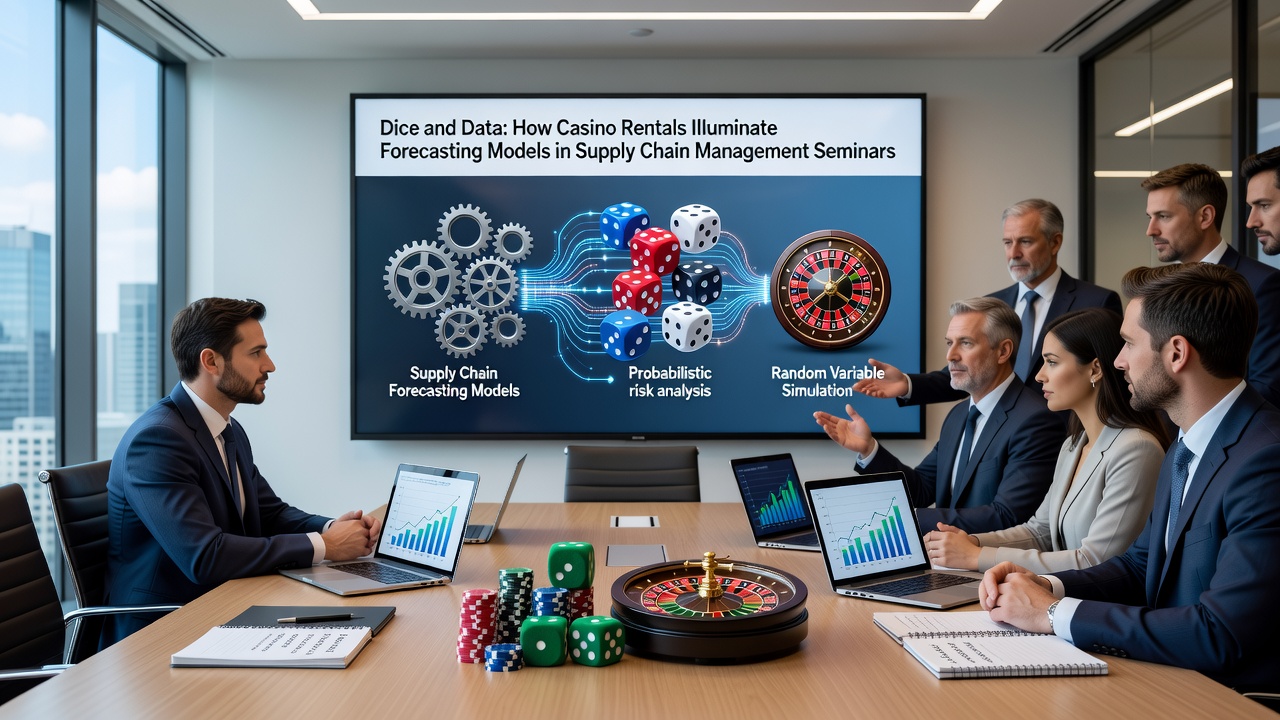 Teilnehmende analysieren Würfelergebnisse an gemieteten Spieltischen während eines Supply-Chain-Seminars
