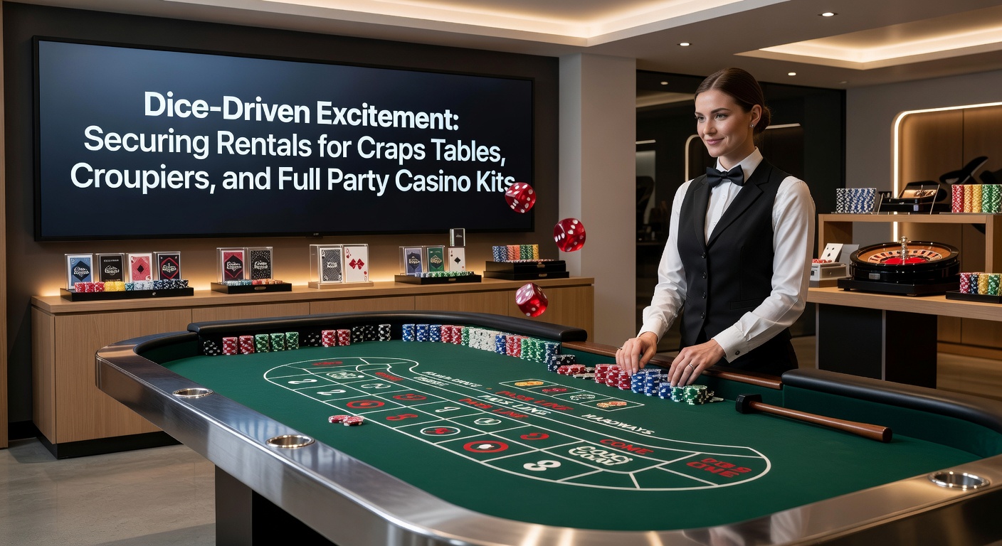 Ein professioneller Craps-Tisch mit Würfeln und Spielchips in Aktion bei einer privaten Party, beleuchtet von Spotlights für maximale Atmosphäre