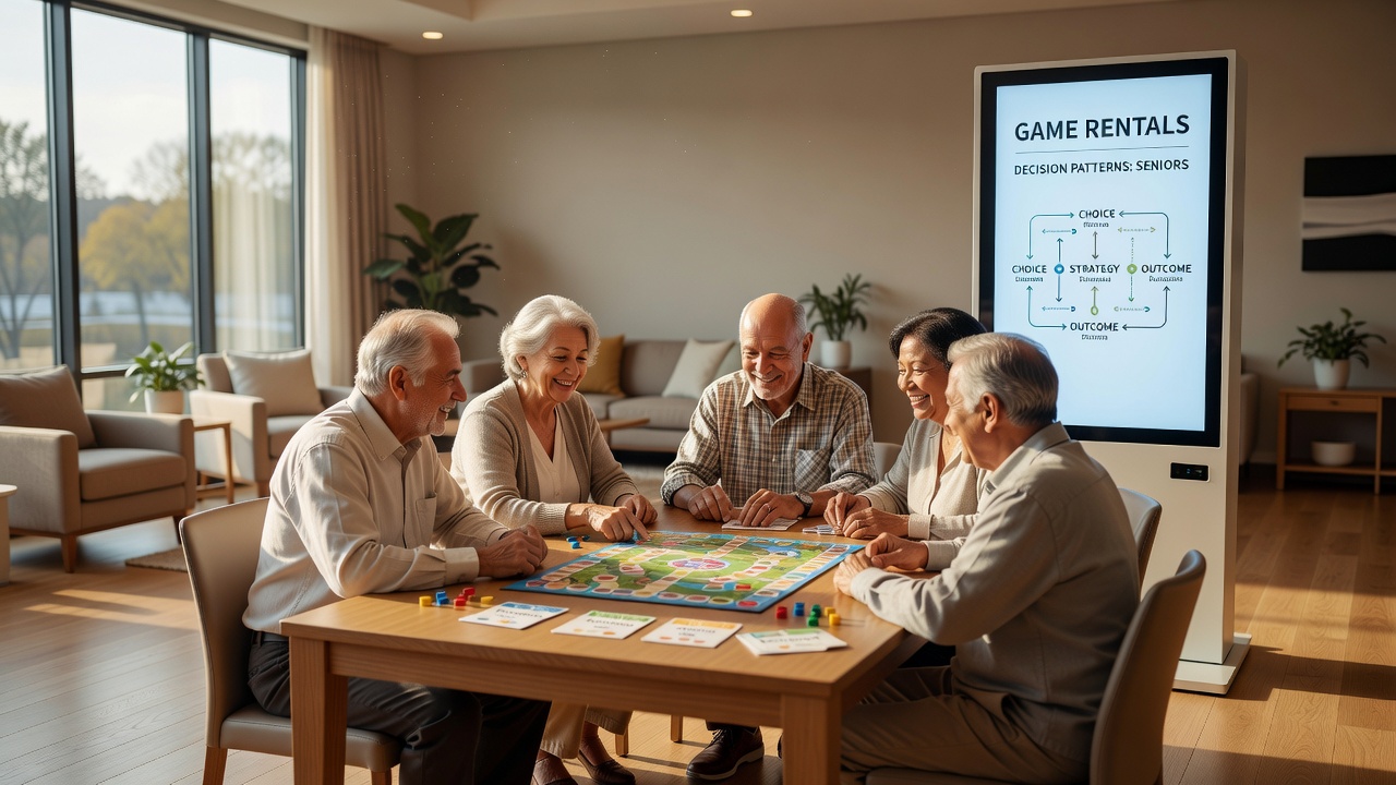 Senioren in einer Gemeinschaftseinrichtung beim gemeinsamen Spielen mit gemieteten Spielen
