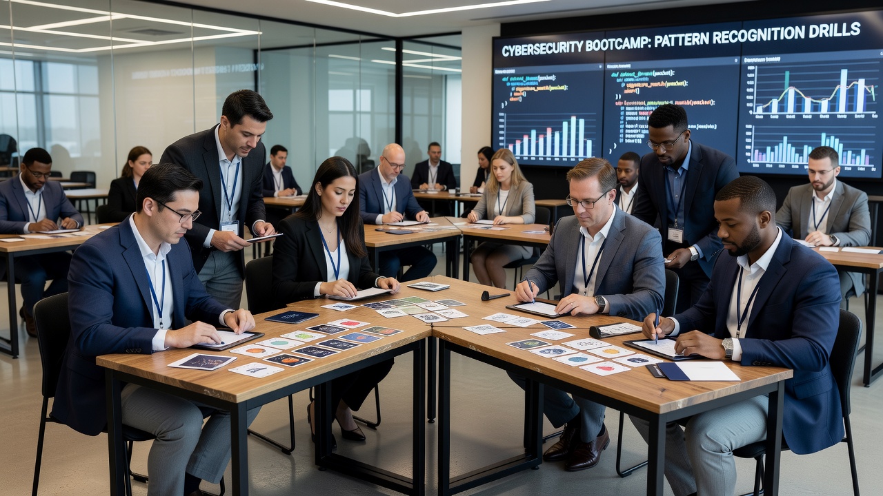 Gemietete Kartentische in einem Cybersecurity-Trainingssetting mit Analysten bei Mustererkennungsübungen