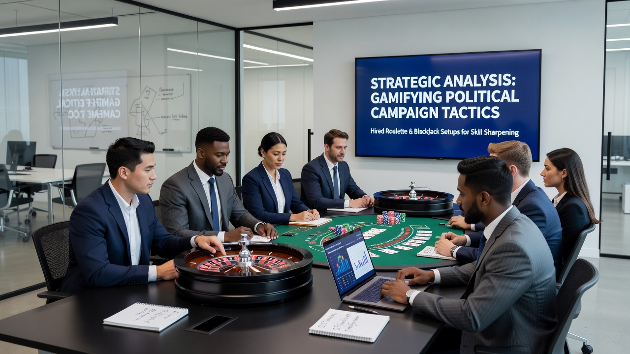 Teilnehmer analysieren Strategien an einem Blackjack-Tisch während eines politischen Trainings
