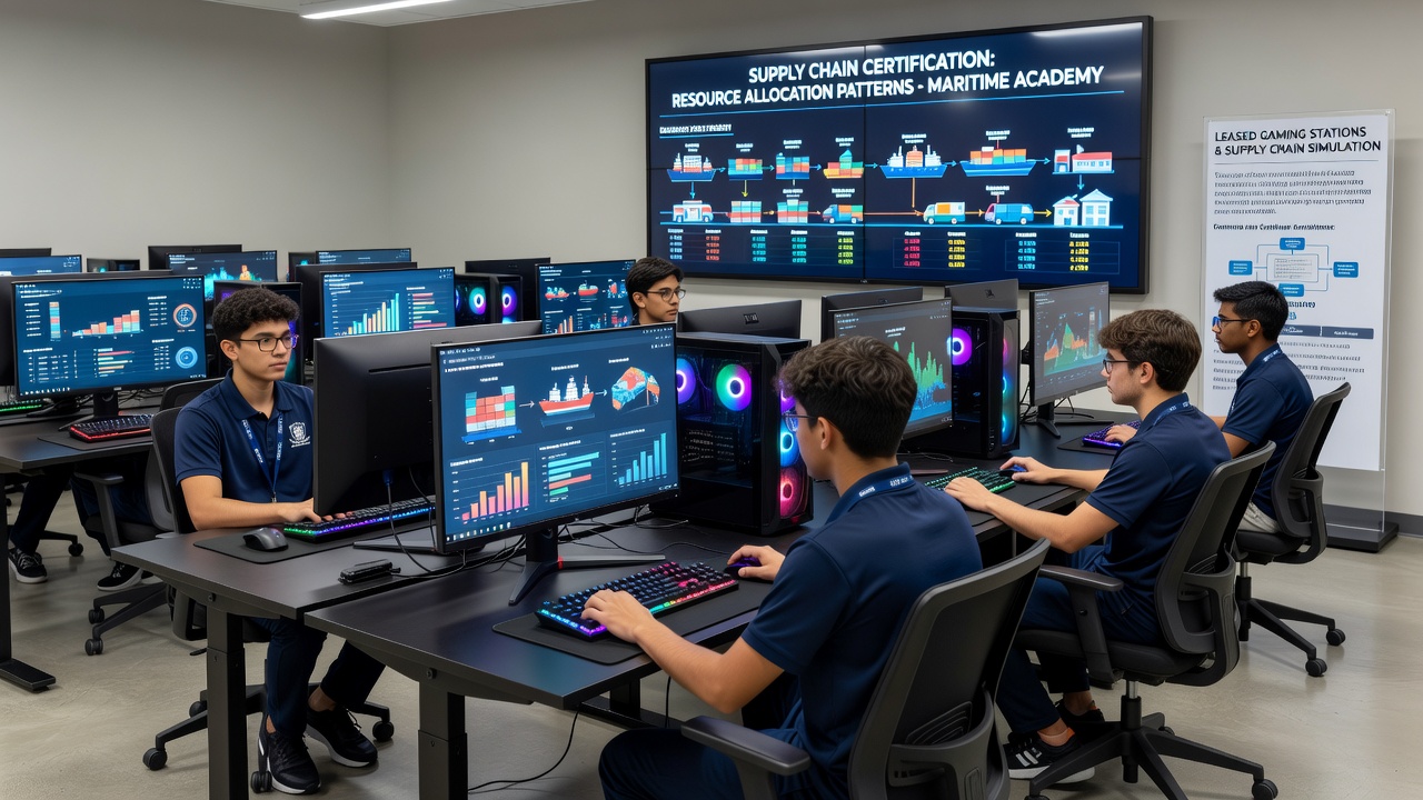 Vermietete Gaming-Stationen in einem Supply-Chain-Kurs an einer maritimen Akademie