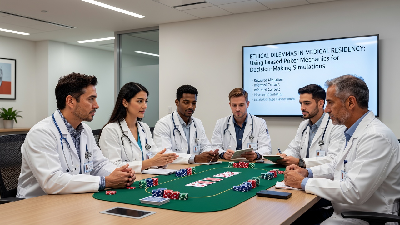 Teilnehmende bei einer Poker-Simulation ethischer Entscheidungen in einem medizinischen Trainingszentrum