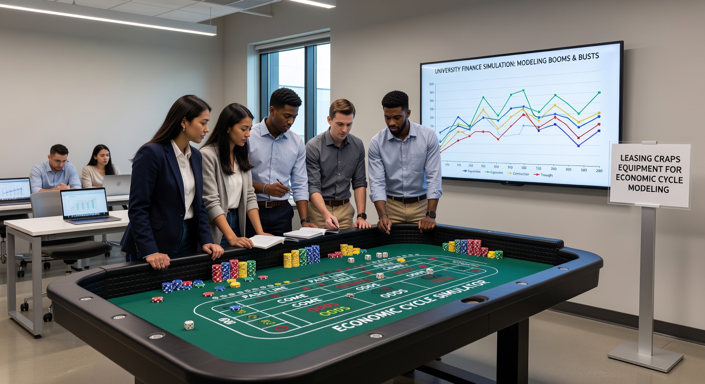 Craps-Tische und Würfelsets in einem universitären Seminarraum während einer Finanzsimulation