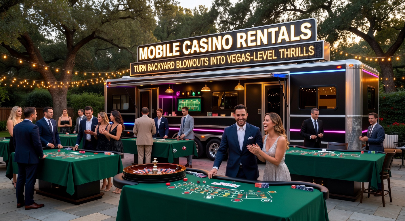 Ein mobiles Casino-Setup im Garten mit Roulette- und Blackjack-Tischen unter Lichterketten bei einer Sommerparty