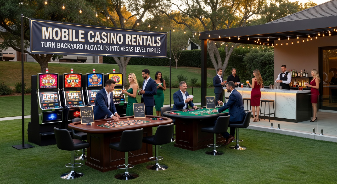 Gäste umringen einen Blackjack-Tisch bei einer mobilen Casino-Party im Garten, Dealer verteilt Karten unter lachenden Gesichtern