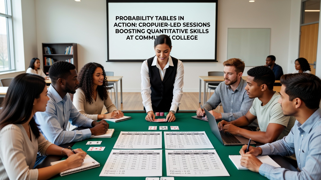 Studierende analysieren Wahrscheinlichkeitstabellen während einer croupier-geführten Sitzung mit Würfel- und Kartenspielen in einem Math-Club