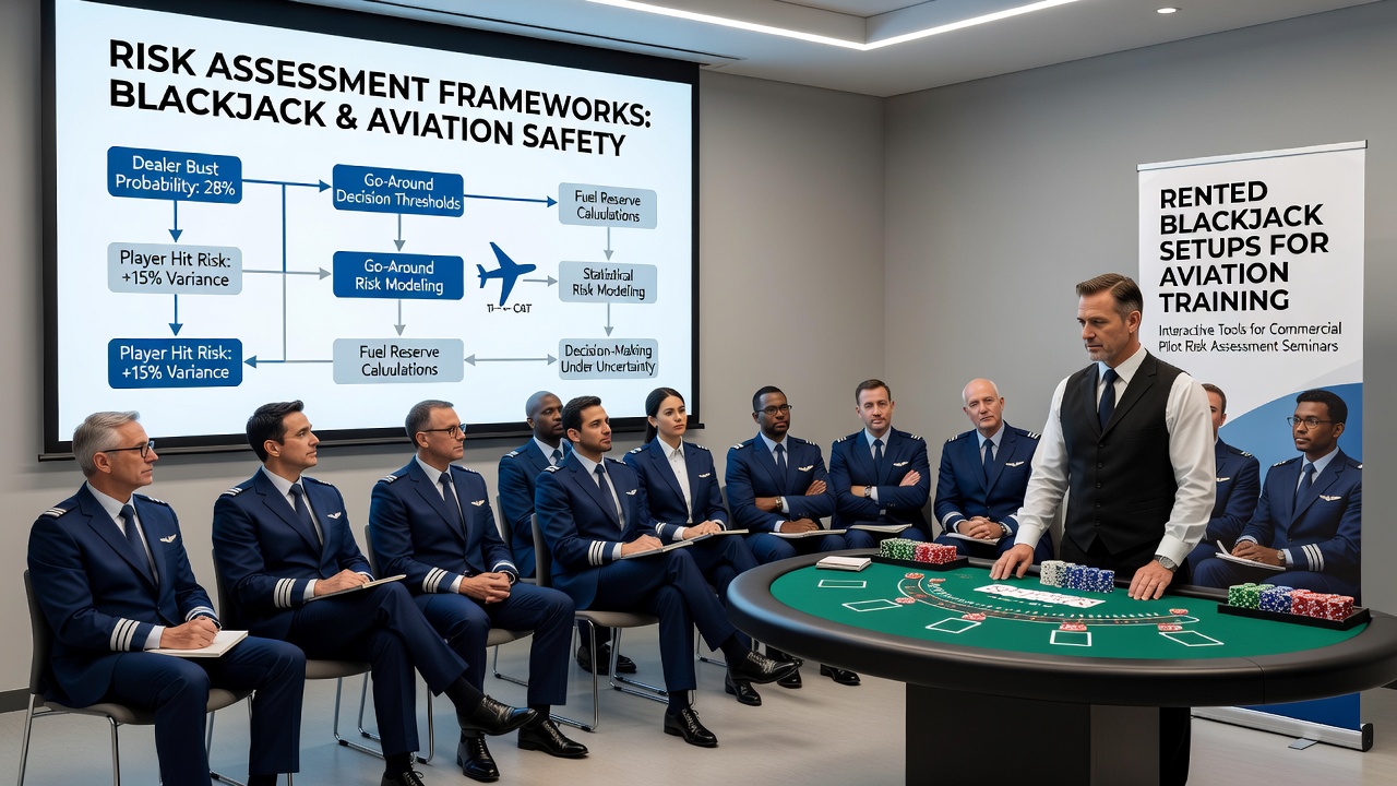 Gemietete Blackjack-Tische und Dealer in einem Seminarraum während eines Risikobewertungstrainings für Piloten