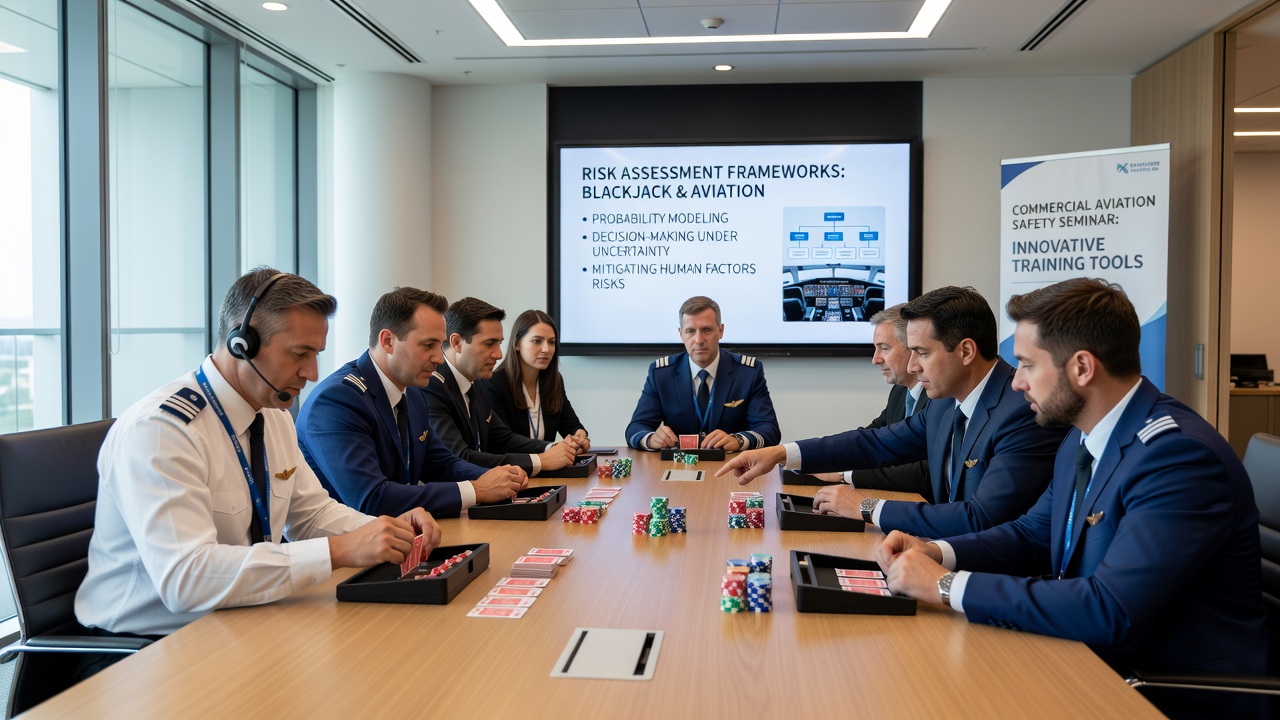Gruppe von Piloten bei einer interaktiven Blackjack-Simulation im Rahmen eines Aviation-Safety-Seminars mit Fokus auf Risikoanalyse