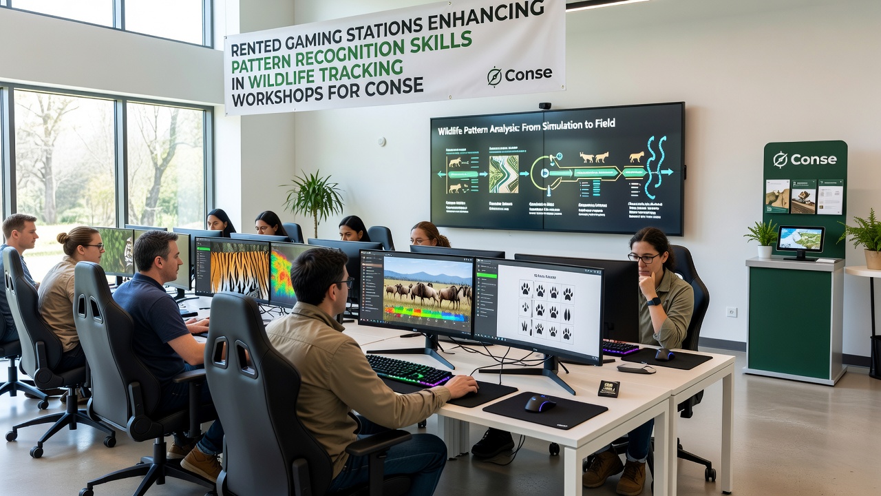 Teilnehmende bei einer Simulation mit gemieteten Gaming-Stationen während eines Naturschutz-Workshops