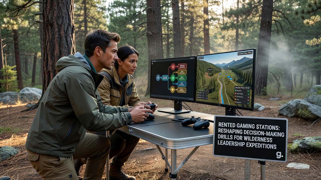 Teilnehmer eines Guide-Teams bei einer Entscheidungssimulation mit gemieteten Gaming-Stationen im Wald