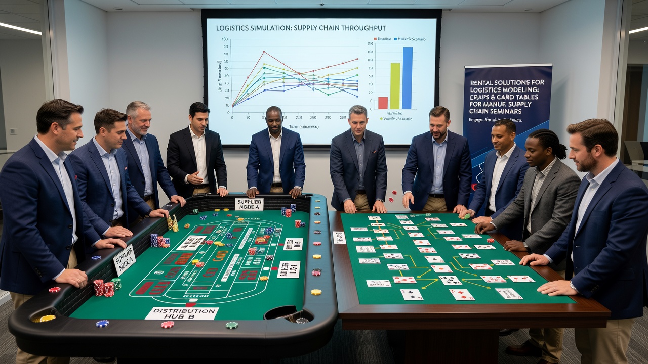 Teilnehmende eines Logistik-Seminars nutzen gemietete Spieltische zur Analyse von Supply-Chain-Risiken in der Fertigungsbranche