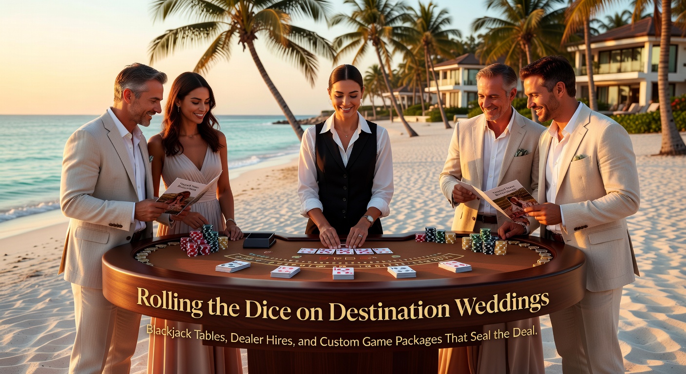 Paar vor einem Blackjack-Tisch bei einer exotischen Strandhochzeit, umgeben von lachenden Gästen mit Karten in der Hand