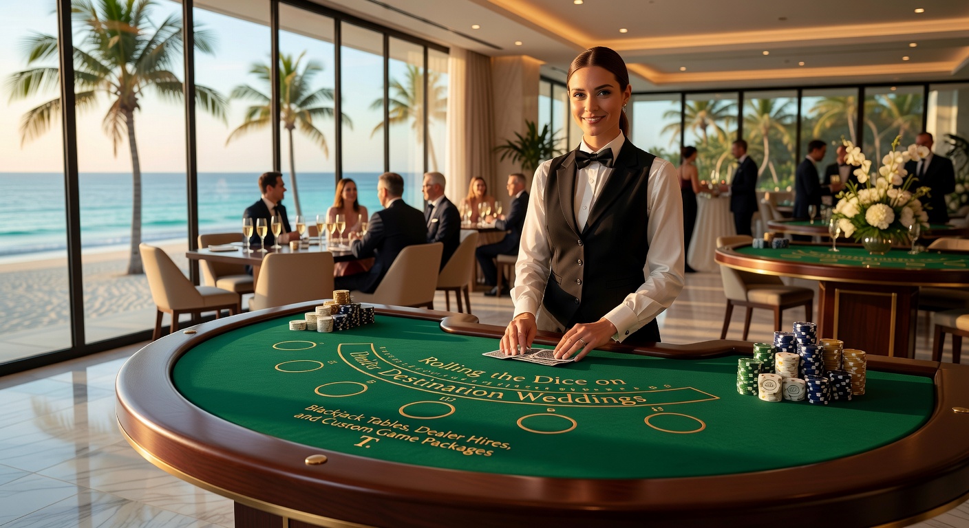 Professioneller Dealer in Frack bedient einen Blackjack-Tisch bei einer eleganten Hochzeit unter Palmen, Gäste applaudieren einem Gewinn