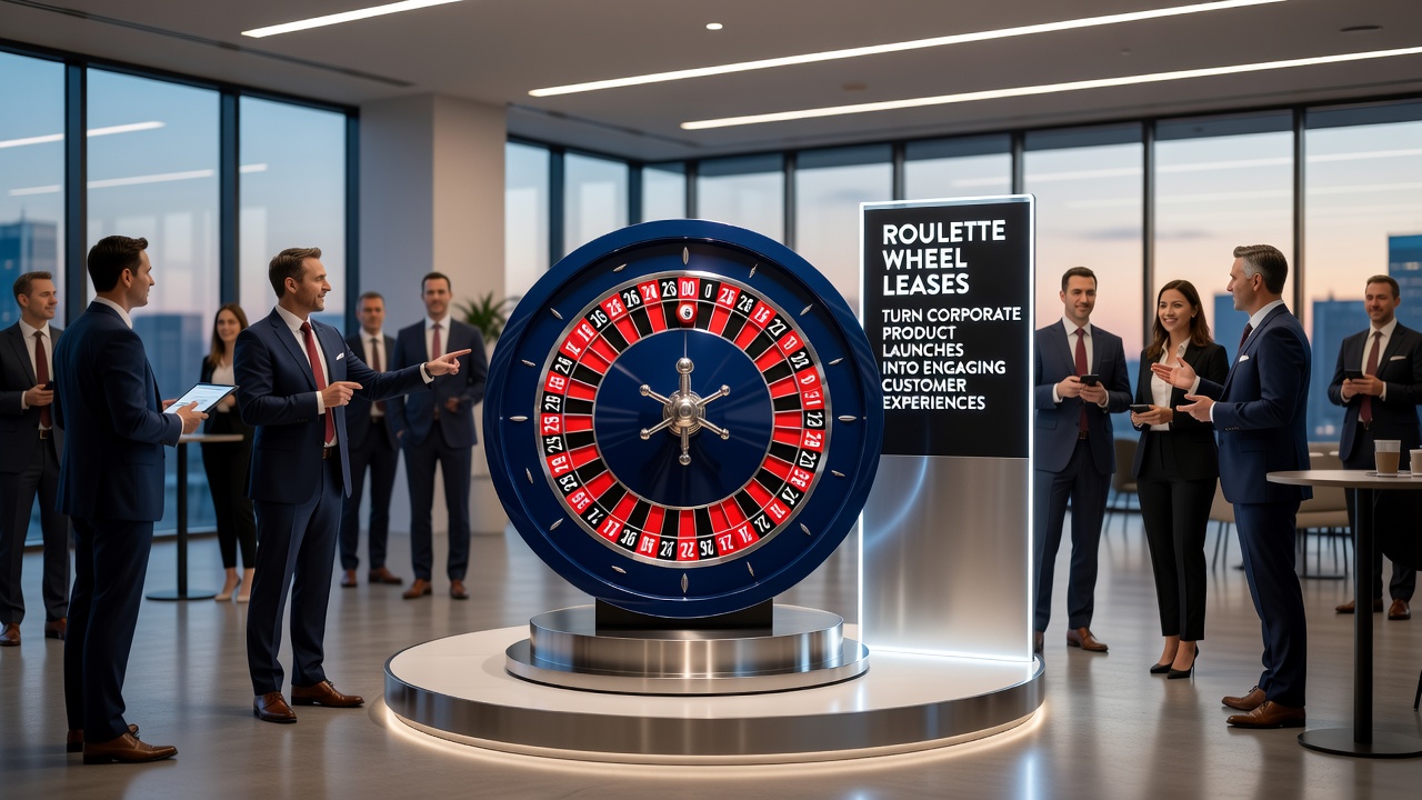 Corporate team interacting with a leased roulette wheel during a product launch presentation