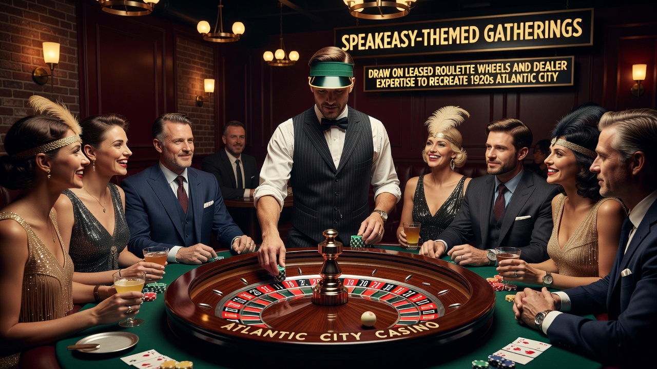 Professionelle Dealer an einem gemieteten Roulette-Tisch während eines Speakeasy-Events