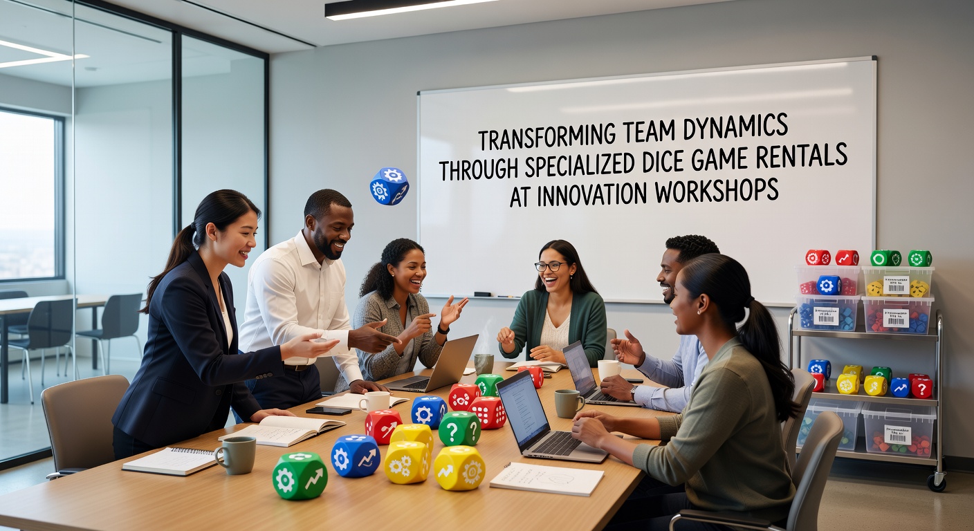 Detailansicht eines gemieteten Würfelspielsets mit Teilnehmern die strategisch Würfel werfen und Notizen machen während eines Innovationsworkshops