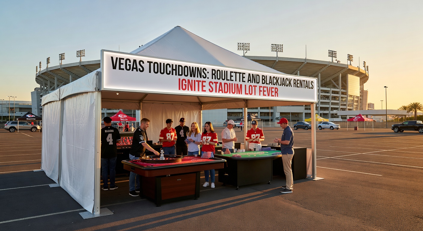 Fans beim Tailgating vor einem Stadion, umgeben von Roulette- und Blackjack-Tischen unter Vegas-Lichtern, während ein Spiel im Gange ist